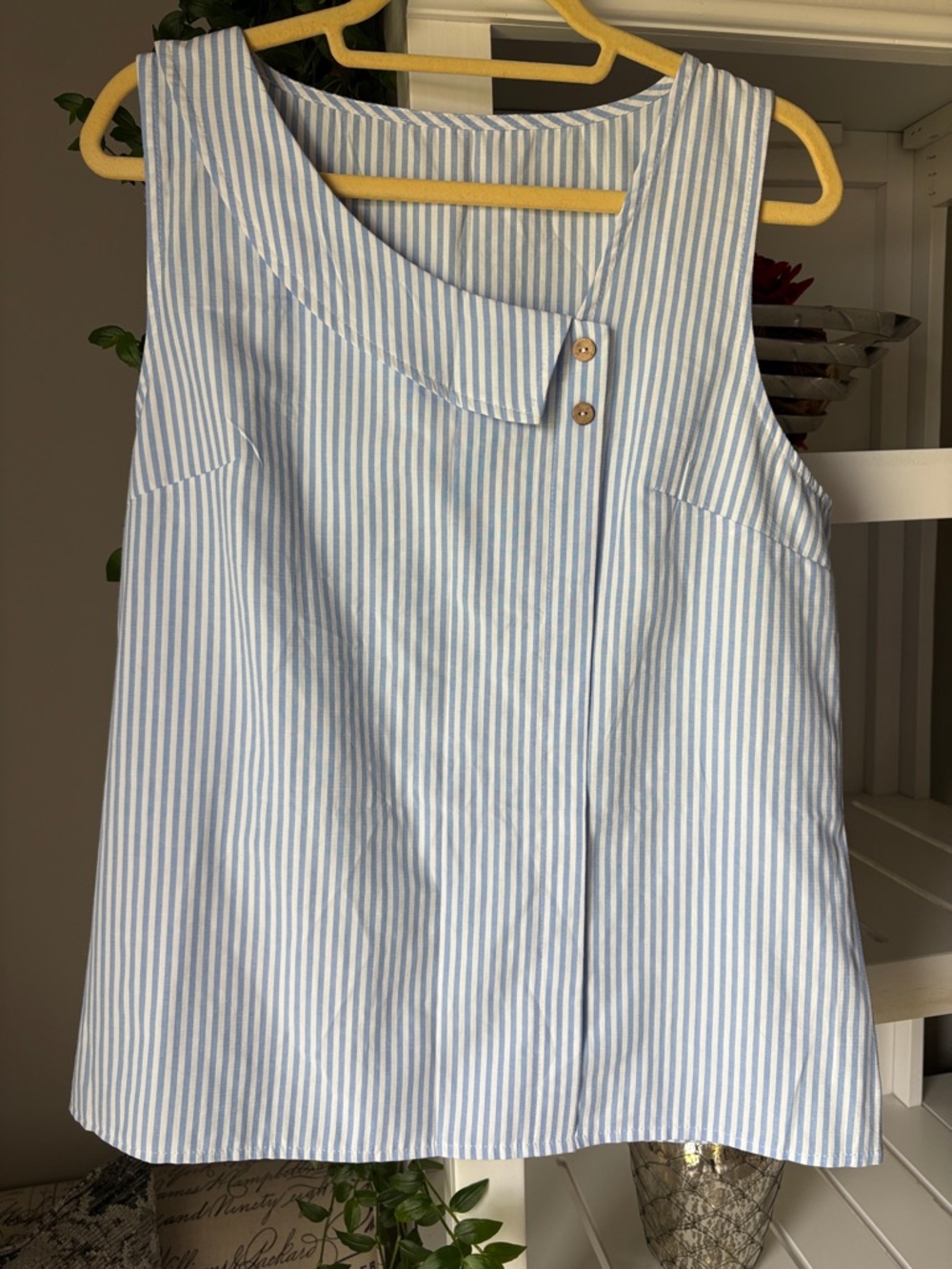 Adorable SHEIN Blue and White Striped Sleeveless Asymmetric Button Top❣️ - Picture 1 of 11
